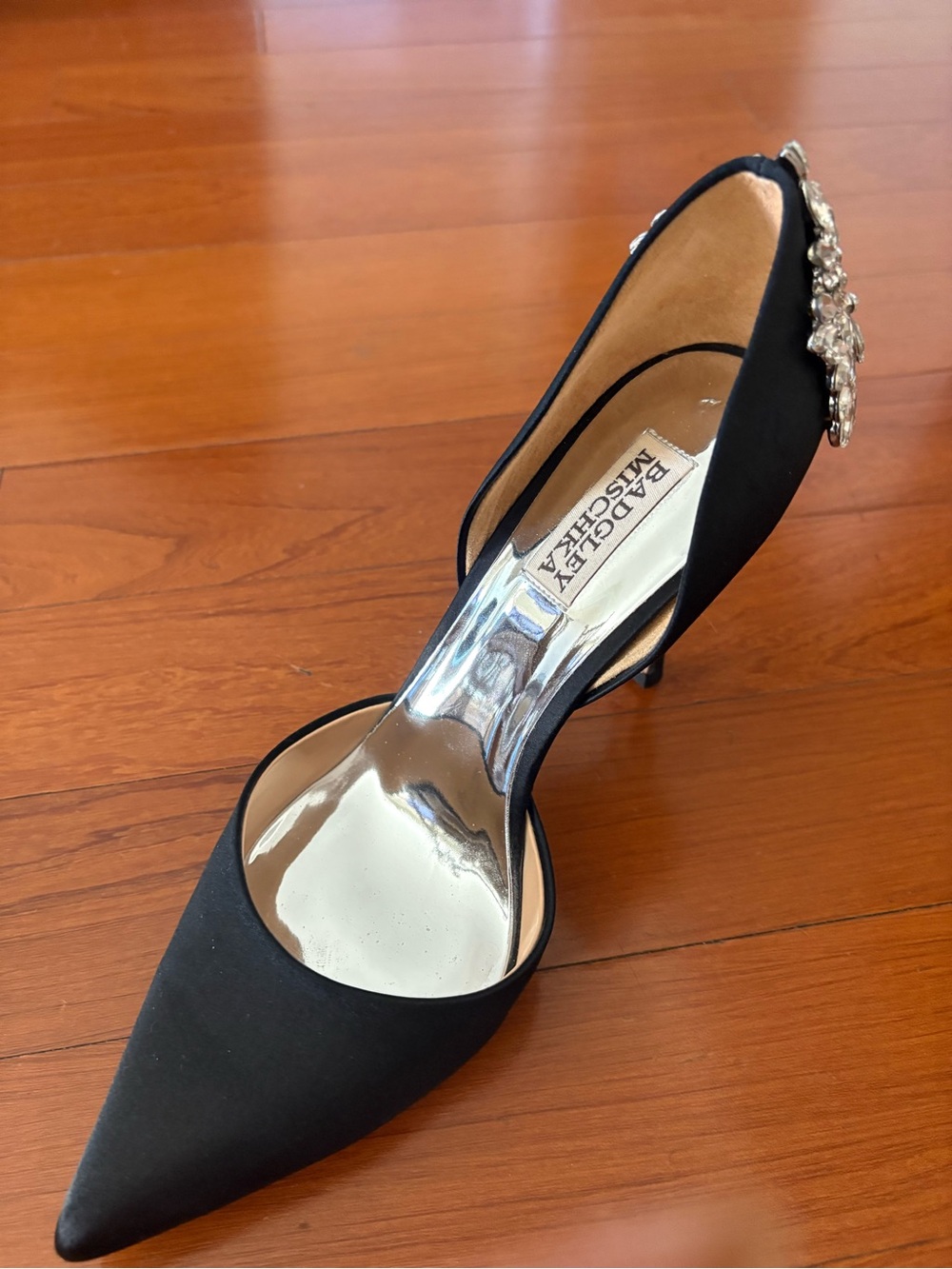 Badgley Mischka Black Satin Pointed D'Orsay Pump with Crystal Accent